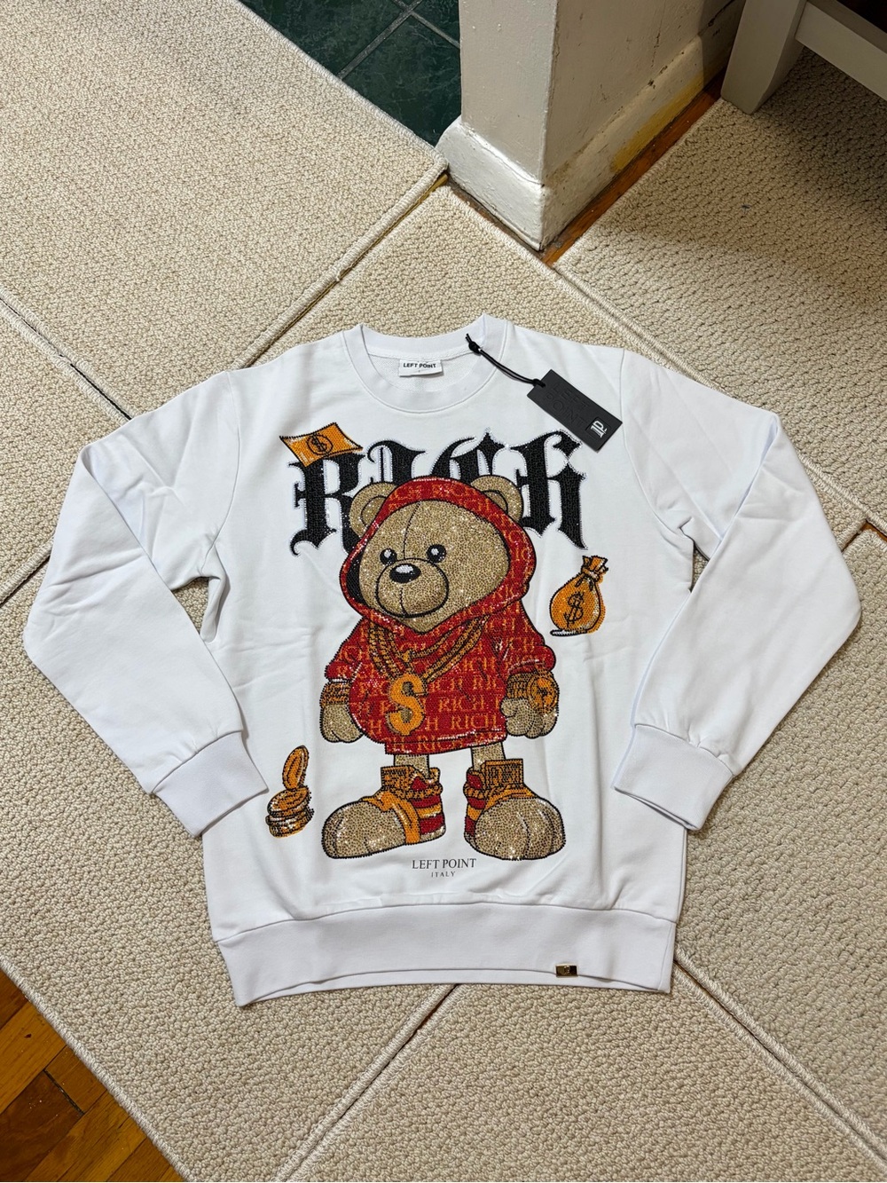 Left Point Bear Rhinestone Sweatshirt Men L Urban Streetwear Y2K Bling Hip Hop